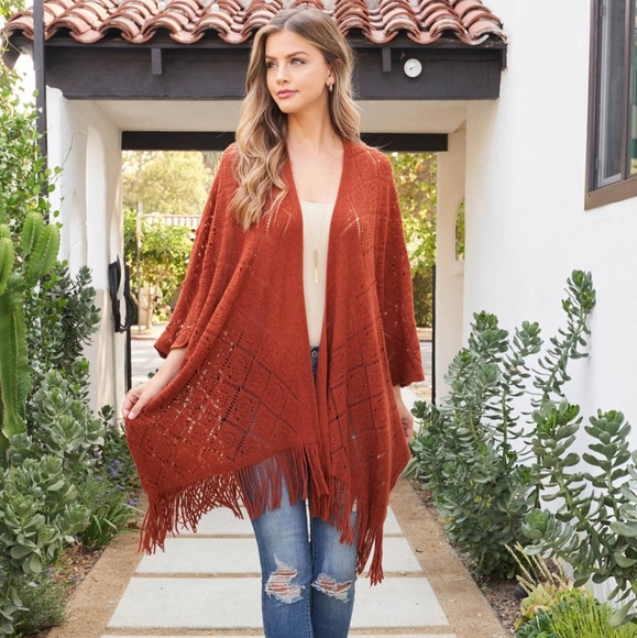 Various Other - New Rust Fringe knit Kimono FREE Earrings
